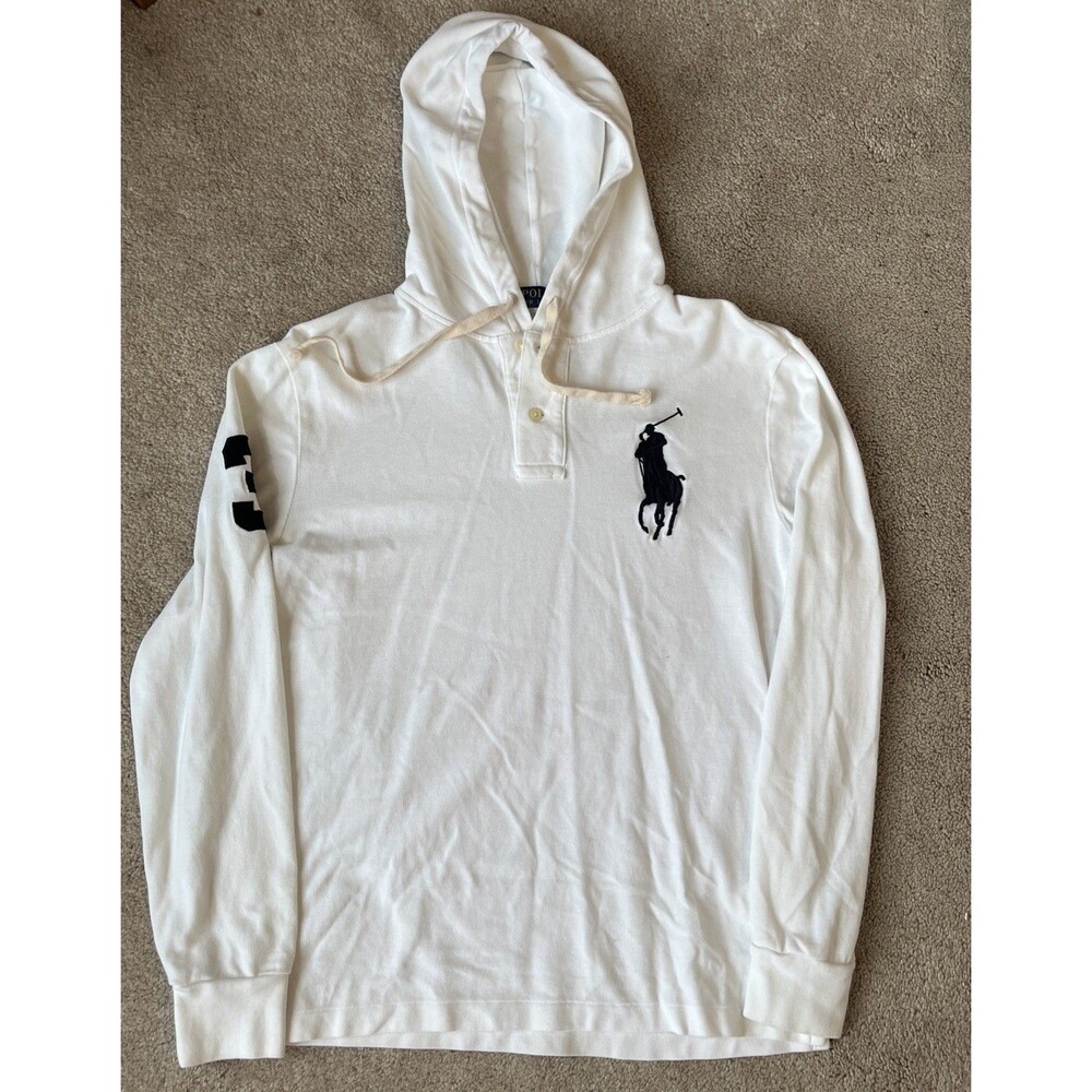 Polo Ralph Lauren Hooded Polo Shirt Men Small Big Pony White Rugby Preppy Casual